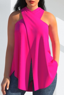 Rose Pink Cross Halter Front Slit Tank Top