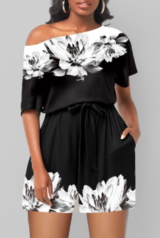 Double Side Pockets Floral Print Black Romper