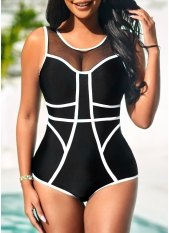 Mesh Stitching Contrast Stitch Black One Piece Swimwear