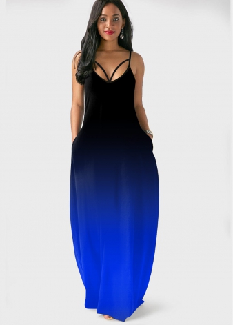 Royal Blue Double Side Pockets Ombre Dress