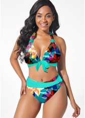 High Waisted Floral Print Bowknot Bikini Set 