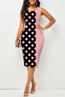 Polka Dot Pink Sleeveless Round Neck Bodycon Dress