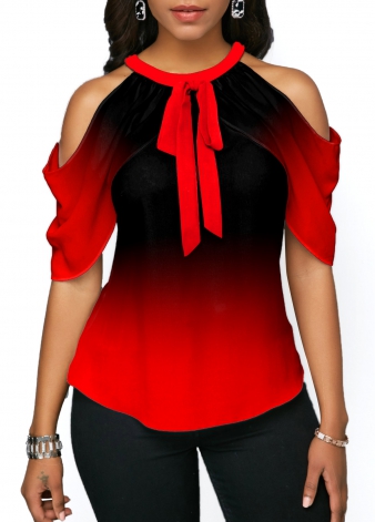 Cold Shoulder Ombre Red Halter Blouse