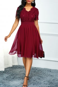 High Waist Lace Panel Short Sleeve Red Dress