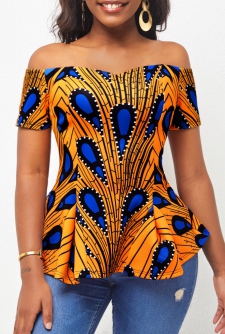 Ginger Peacock Feather Print Off Shoulder T Shirt