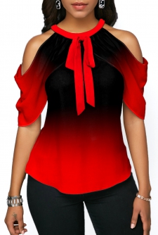 Cold Shoulder Ombre Red Halter Blouse