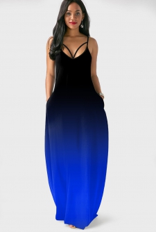 Royal Blue Double Side Pockets Ombre Dress