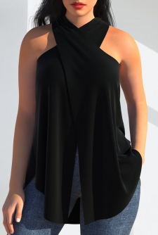 Halter Cross Front Black Tank Top