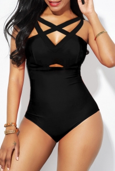 Strappy Back Lattice Front Black One Piece Swimwear