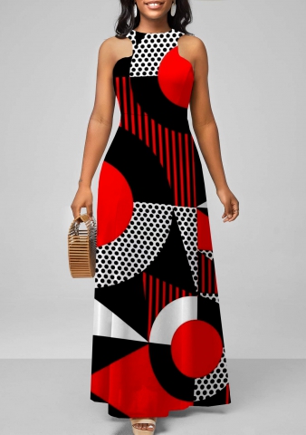 Geometric Print Red Bib Neck Maxi Dress