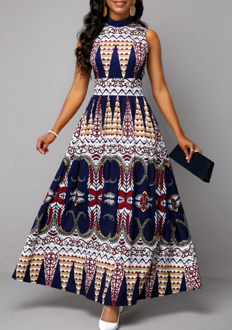 Mock Neck Tribal Print Sleeveless Dress