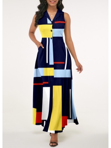 Navy Blue Notch Collar Geometric Print Dress