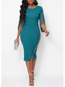 Tassel 3/4 Sleeve Round Neck Green Dress