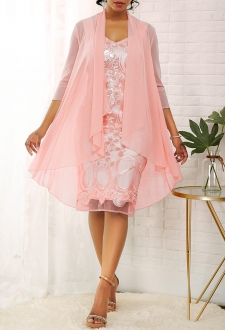 3/4 Sleeve Solid Cardigan and Glitter Fabric Stitching Dress