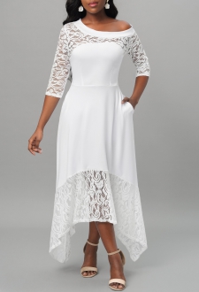 White Lace Stitching Asymmetric Hem Dress
