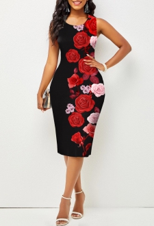 Valentines Rose Print Round Neck Dress
