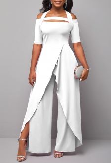 White Cold Shoulder Short Sleeve Jumpsuit
