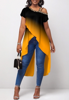 Asymmetric Hem Yellow Leopard Ombre T Shirt
