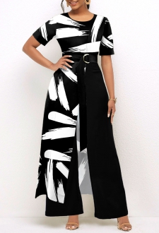 Black Pocket Brush Stroke Print Belted Jumpsuit