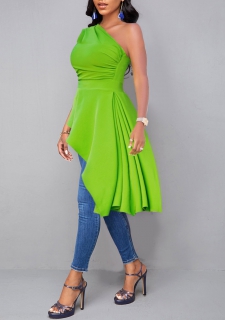 Asymmetric Hem Green Skew Neck Blouse