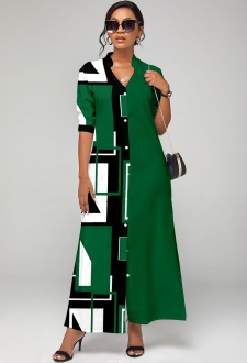 Geometric Print Button Up Green Split Neck Dress
