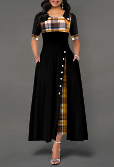 Pocket Plaid Print Inclined Button Dress