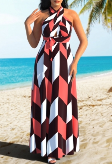 Cross Halter Geometric Print Sleeveless Multi Color Dress