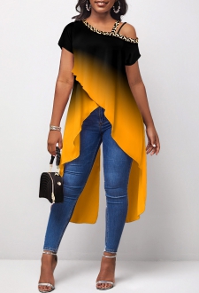 Asymmetric Hem Yellow Leopard Ombre T Shirt