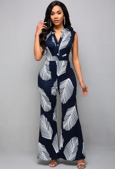 Sleeveless Plant Print Split Neck Jumpsuit