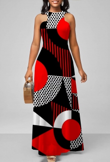 Geometric Print Red Bib Neck Maxi Dress