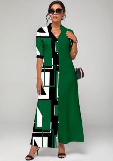 Geometric Print Button Up Green Split Neck Dress