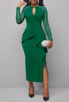 Flounce Cutout Detail Lace Stitching Green Dress