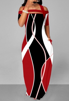 Red Strappy Cold Shoulder Printed Maxi Dress