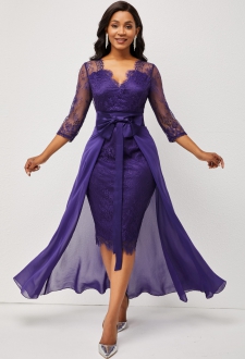 3/4 Sleeve Purple Multiway Lace Patchwork Dress