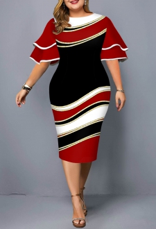 Layered Bell Sleeve Geometric Print Plus Size Dress