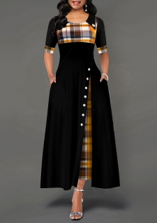 Pocket Plaid Print Inclined Button Dress