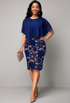 Navy Blue Lace Panel Cape Sleeve Dress