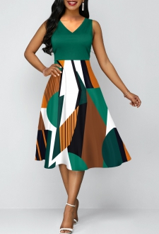 Green Geometric Print V Neck Dress