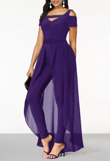 Cold Shoulder Short Sleeve Purple Jumpsuit
