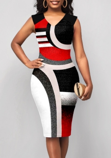 Sleeveless Printed Red V Neck Dress