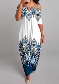 Tribal Print Half Sleeve White Jumpsuit