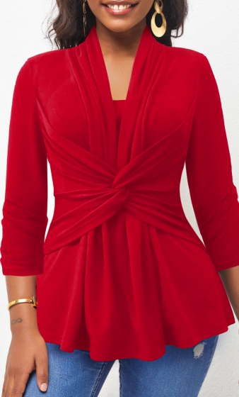 Twist Front 3/4 Sleeve Coral Red T Shirt