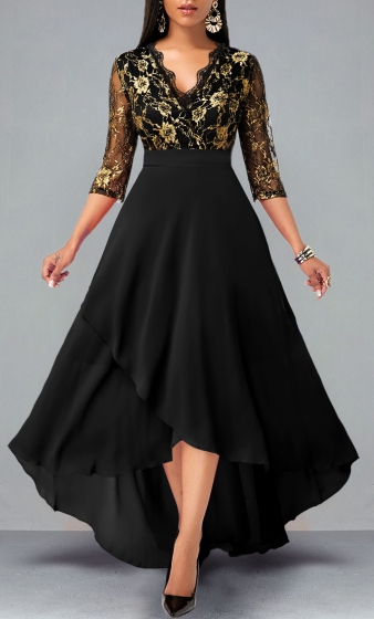 Floral Lace Patchwork High Low Black Dress