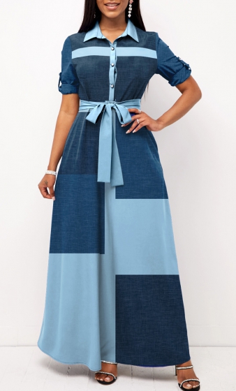 Geometric Print Contrast Belted Blue Maxi Dress