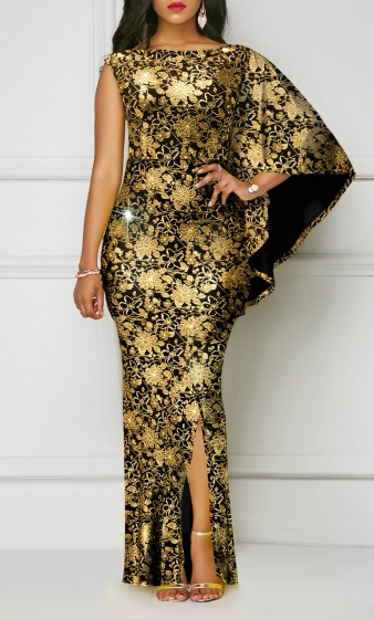 Floral Print Hot Stamping Golden Side Slit Dress
