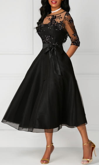 Three Quarter Sleeve Lace Panel High Waist Dress