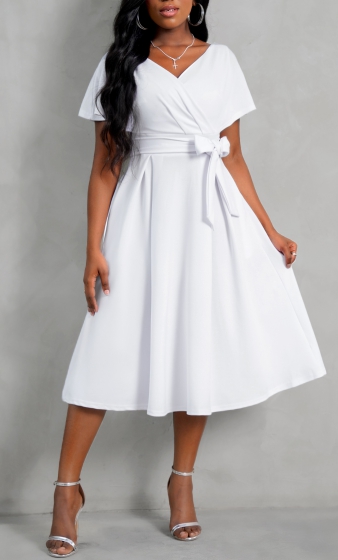 White Cross Front Belted Short Sleeve Dress