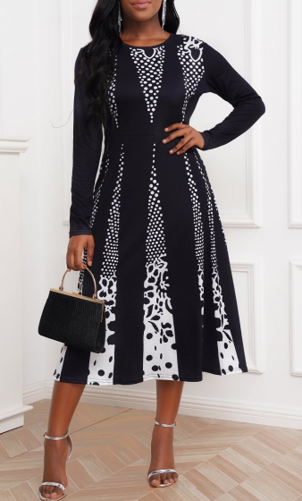 Black Contrast Long Sleeve Polka Dot Dress