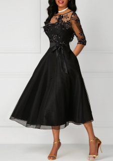 Three Quarter Sleeve Lace Panel High Waist Dress