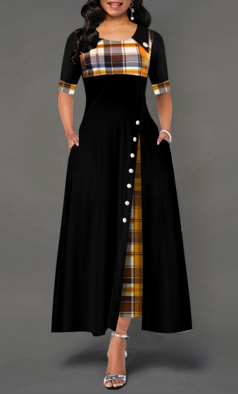 Decorative Button Ginger Plaid Round neck Dress